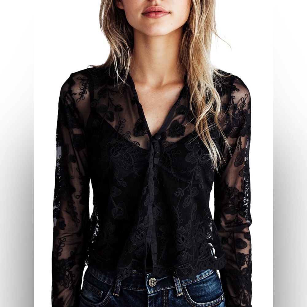 Lisbeth Black Mesh Single Button Floral Embellished Sheer Cardigan